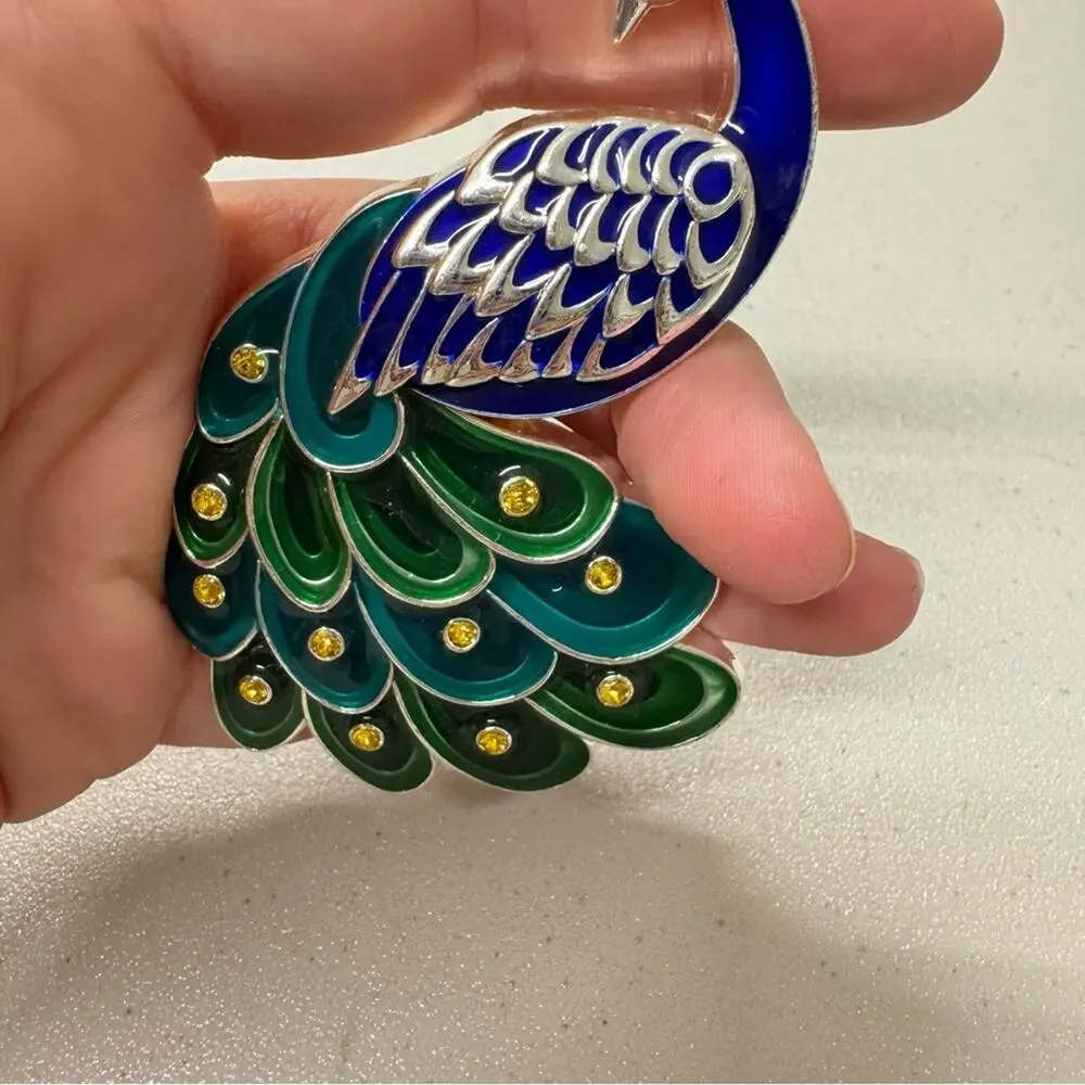 Harley Lewis Blue Green Peacock Bird Silver Tone Ornament Christmas Tree Holiday